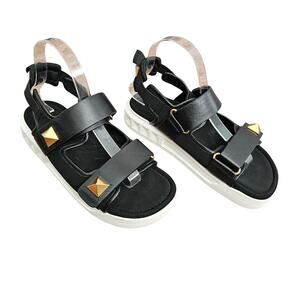 Valentino Garavani Roman Stud Flat Dad Sandal Size 39 US 9 Black Leather Gold